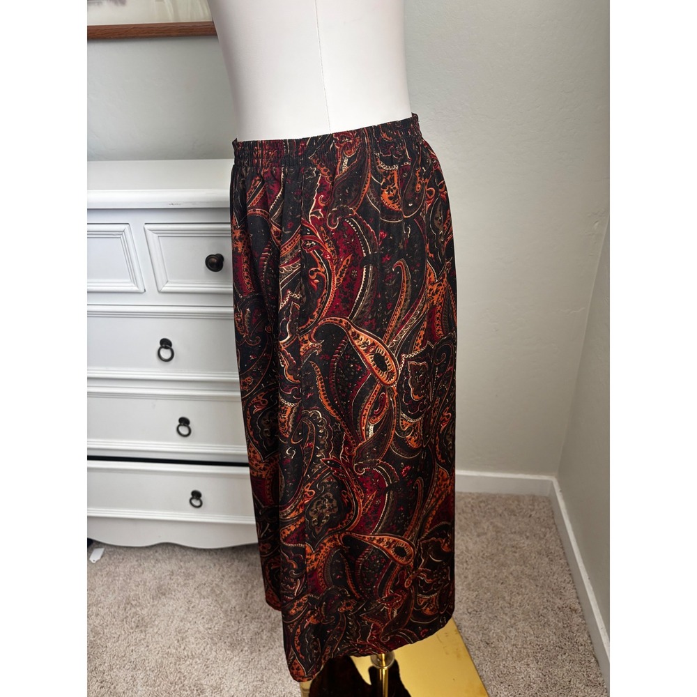 Blair Vintage Boho Paisley Midi Skirt Red Black Orange Elastic Waist Women L